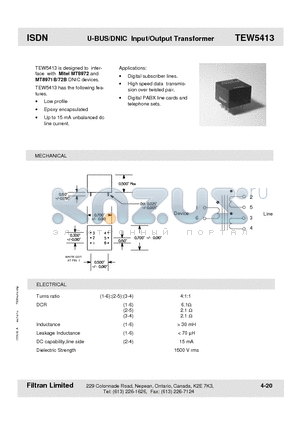 TEW5413 datasheet - ISDN U-BUS/DNIC Input/Output Transformer