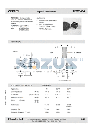 TEW5434-1 datasheet - CEPT/T1 Input Transformer