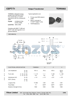 TEW5502 datasheet - CEPT/T1 Output Transformer