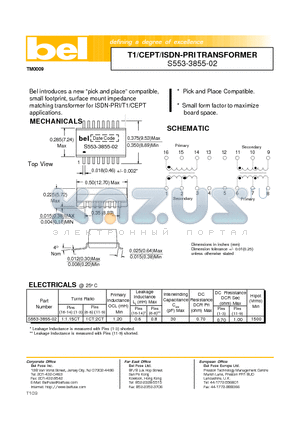 S553-3855-02 datasheet - T1/CEPT/ISDN-PRI TRANSFORMER