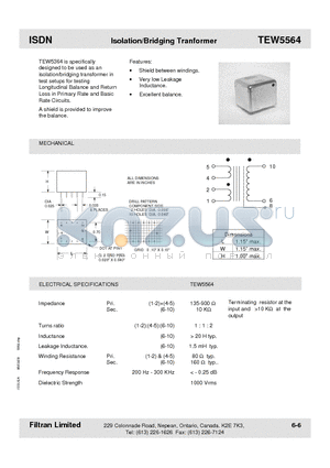 TEW5564 datasheet - ISDN Isolation/Bridging Tranformer