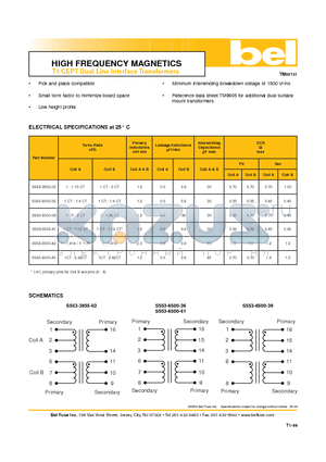 S553-3855-02 datasheet - HIGH FREQUENCY MAGNETICS T1/CEPT Dual Line Interface Transformers