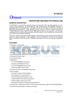 W78E354 datasheet - MONITOR MICROCONTROLLER