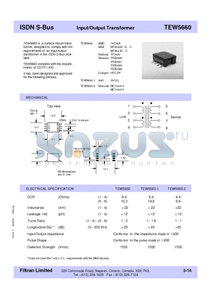 TEW5660 datasheet - ISDN S-Bus Input/Output Transformer