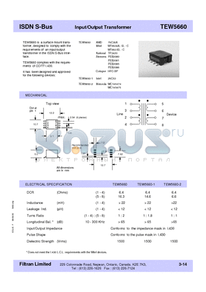 TEW5660-1 datasheet - ISDN S-Bus Input/Output Transformer