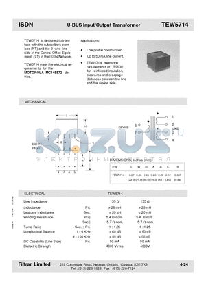 TEW5714 datasheet - ISDN U-BUS Input/Output Transformer