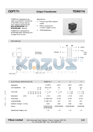TEW5716-2 datasheet - CEPT/T1 Output Transformer