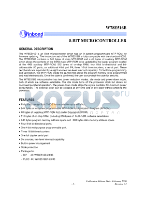 W78E516B-40 datasheet - 8-BIT MICROCONTROLLER