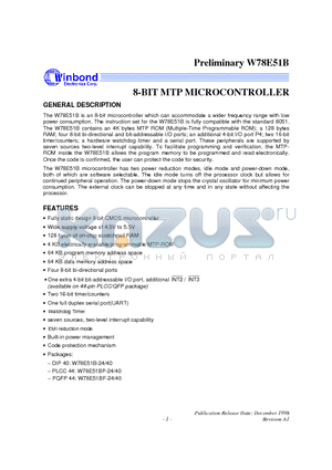 W78E51BP-40 datasheet - 8-BIT MTP MICROCONTROLLER