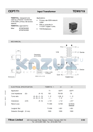 TEW5719-2 datasheet - CEPT/T1 Input Transformer