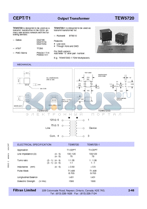 TEW5720 datasheet - CEPT/T1 Output Transformer