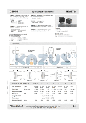 TEW5721-2 datasheet - CEPT/T1 Input/Output Transformer