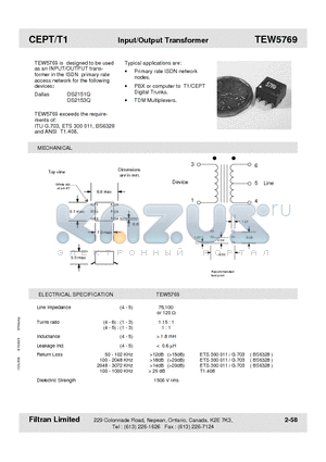 TEW5769 datasheet - CEPT/T1 Input/Output Transformer