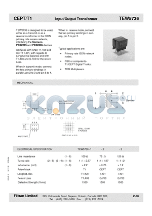 TEW5736-3 datasheet - CEPT/T1 Input/Output Transformer