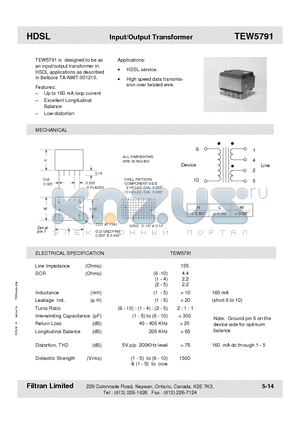 TEW5791 datasheet - HDSL Input/Output Transformer