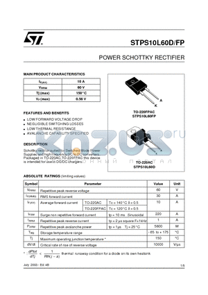 STPS10L60 datasheet - POWER SCHOTTKY RECTIFIER
