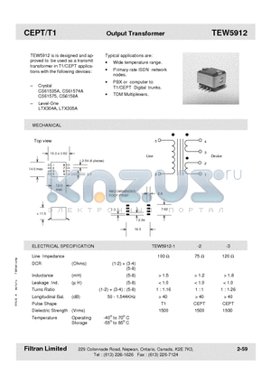 TEW5912-1 datasheet - CEPT/T1 Output Transformer