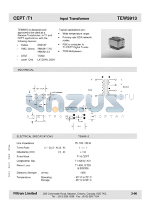 TEW5913 datasheet - CEPT /T1 Input Transformer