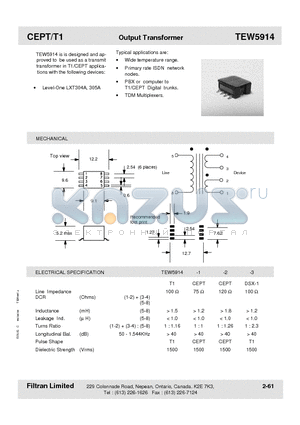 TEW5914 datasheet - CEPT/T1 Output Transformer