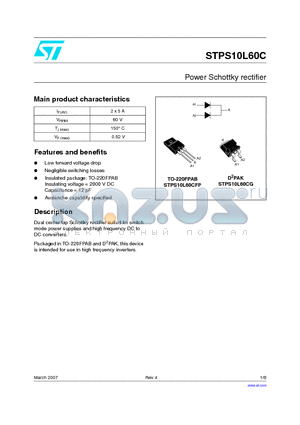 STPS10L60CG-TR datasheet - Power Schottky rectifier