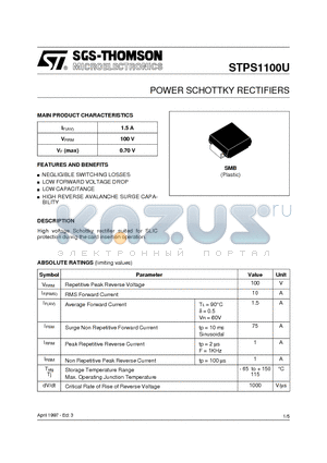 STPS1100U datasheet - POWER SCHOTTKY RECTIFIERS