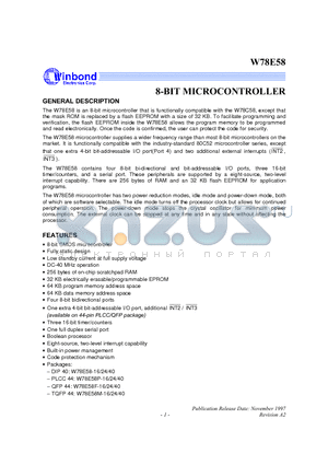 W78E58-24 datasheet - 8-BIT MICROCONTROLLER