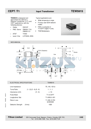 TEW5915 datasheet - CEPT /T1 Input Transformer