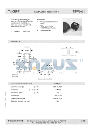 TEW5921 datasheet - T1/CEPT Input/Output Transformer