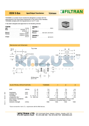 TEW5995 datasheet - ISDN S-Bus Input/Output Transformer