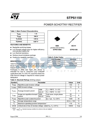 STPS1150A datasheet - POWER SCHOTTKY RECTIFIER