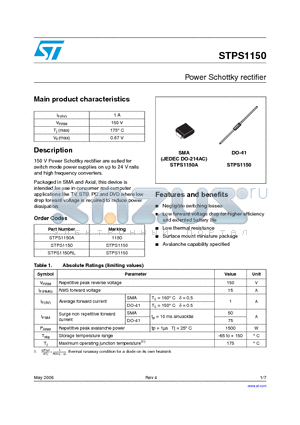 STPS1150A datasheet - Power Schottky rectifier