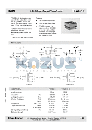 TEW6018 datasheet - ISDN U-BUS Input/Output Transformer
