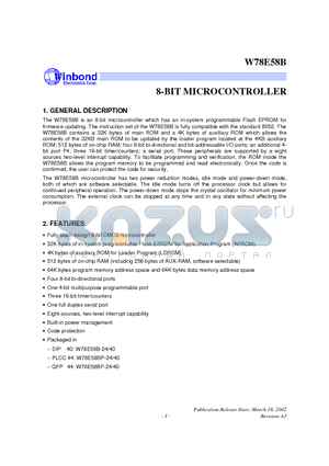 W78E58B-24 datasheet - 8 BIT MICROCONTROLLER