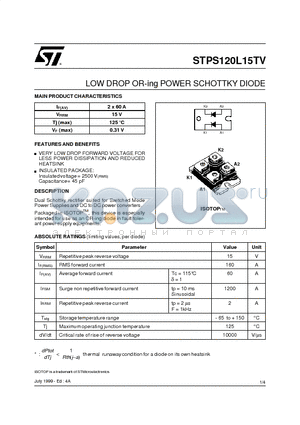 STPS120L15TV datasheet - LOW DROP OR-ing POWER SCHOTTKY DIODE