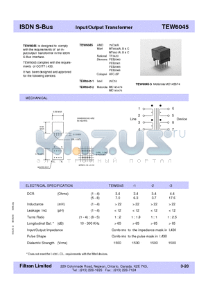 TEW6045 datasheet - ISDN S-Bus Input/Output Transformer