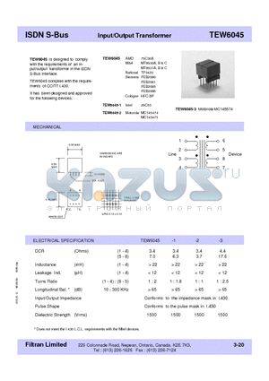 TEW6045-1 datasheet - ISDN S-Bus Input/Output Transformer