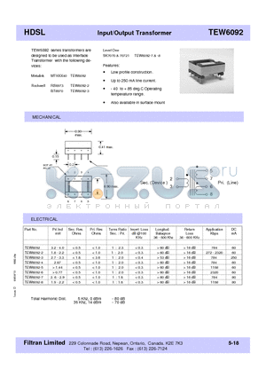 TEW6092-6 datasheet - HDSL Input/Output Transformer