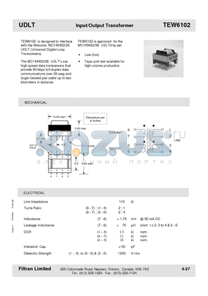 TEW6102 datasheet - UDLT Input/Output Transformer