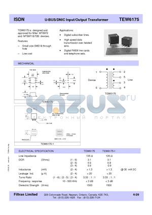 TEW6175 datasheet - ISDN U-BUS/DNIC Input/Output Transformer