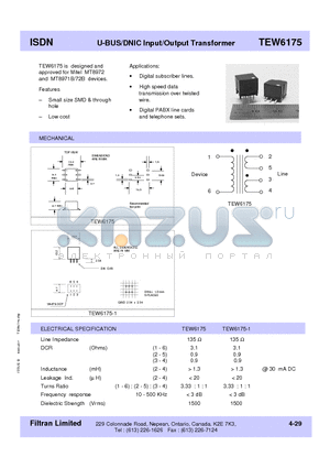 TEW6175-1 datasheet - ISDN U-BUS/DNIC Input/Output Transformer