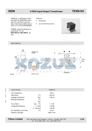 TEW6181 datasheet - ISDN U-BUS Input/Output Transformer