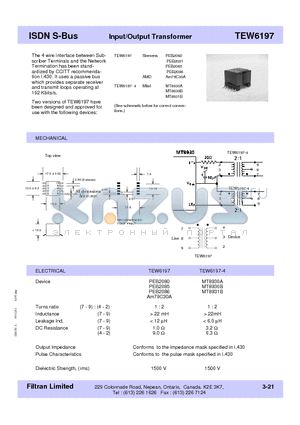 TEW6197 datasheet - ISDN S-Bus Input/Output Transformer