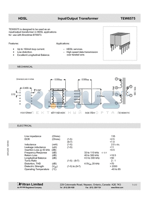 TEW6575 datasheet - HDSL Input/Output Transformer