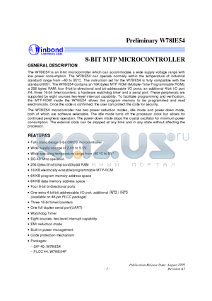 W78IE54P datasheet - 8-BIT MTP MICROCONTROLLER