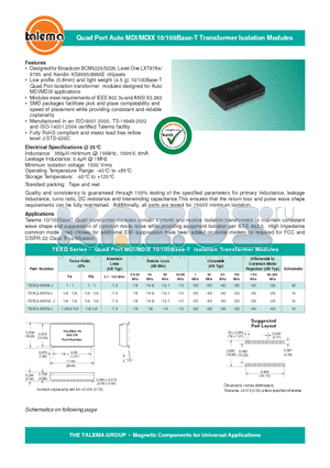 TEXQ-400N-J datasheet - Quad Port Auto MDI/MDIX 10/100Base-T Transformer Isolation Modules