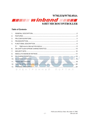 W78L054A datasheet - 8-BIT MICROCONTROLLER