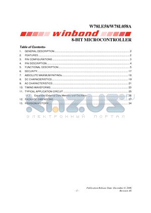 W78L058A datasheet - 8-BIT MICROCONTROLLER