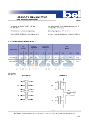 S553-5999-F2 datasheet - 10BASE-T LAN MAGNETICS