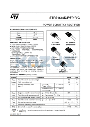 STPS1545D datasheet - POWER SCHOTTKY RECTIFIER