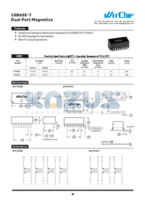 TF-61602 datasheet - Icolation and ompedance matching the requirements of IEEE 802.3 for 10 Base-T